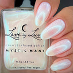 Nail polish bottle labeled 'Love by Lun' with a hand displaying nails painted with the same polish.