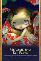 Artistic depiction of a mermaid surrounded by koi fish with text 'Mermaid in a Koi Pond' and motivational quote.