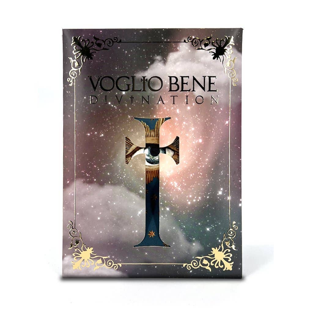 Card with 'Voglio Bene Divination' text and decorative elements on a starry background
