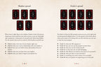 Two printed card spreads on a beige background: 'Shadow spread' with eight red and black numbered cards and explanatory text, and 'Healer's spread' with eight numbered cards and explanatory text.