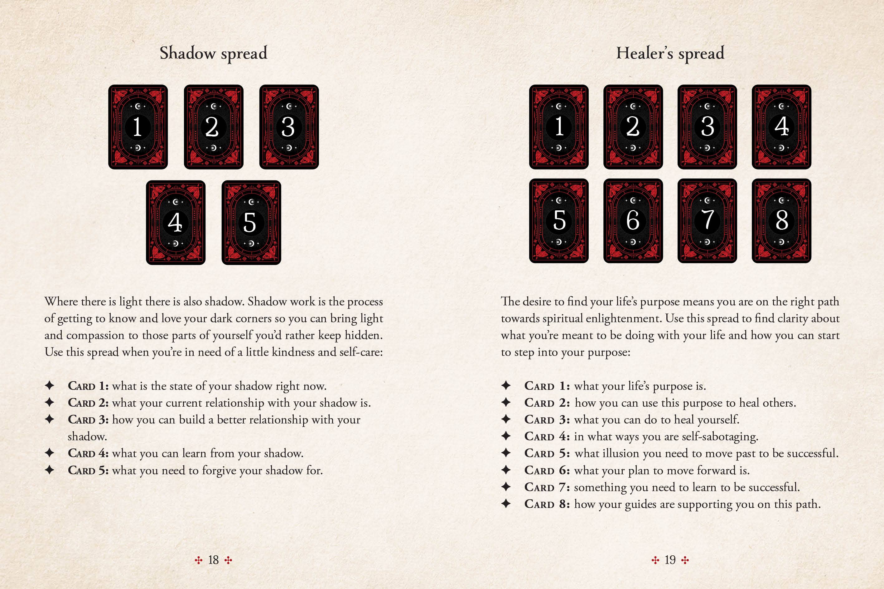Two printed card spreads on a beige background: 'Shadow spread' with eight red and black numbered cards and explanatory text, and 'Healer's spread' with eight numbered cards and explanatory text.
