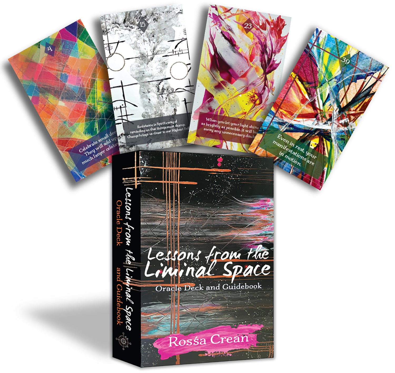 Box of 'Lessons from the Liminal Space' Oracle Deck with colorful cards displayed above.