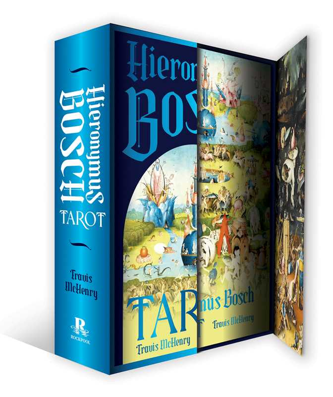 Hieronymus Bosch Tarot box set with blue cover and colorful illustrations on a white background