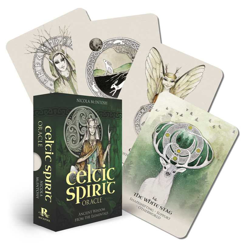 Celtic Spirit Oracle cards with the book 'Celtic Spirit' on a white background