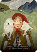 Illustration of a person with a lamb and flowers in a natural setting