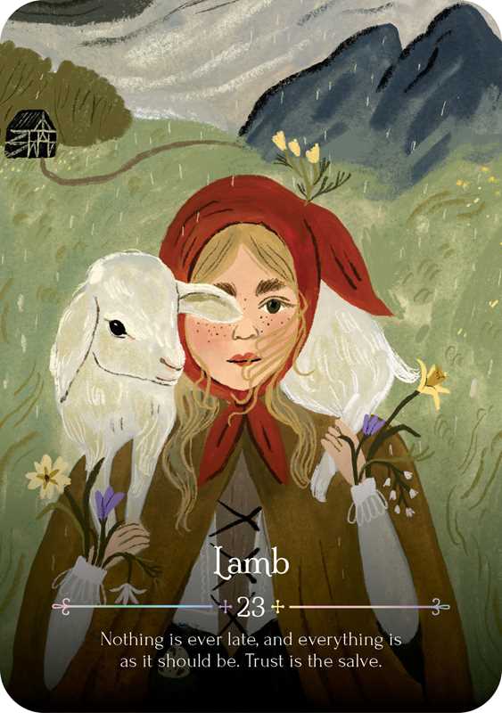 Illustration of a person with a lamb and flowers in a natural setting