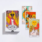 Box of 'Modern Witch' tarot cards with three tarot cards displayed on a white background.
