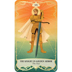 Card featuring a knight in golden armor with a sword against an orange and green gradient background.