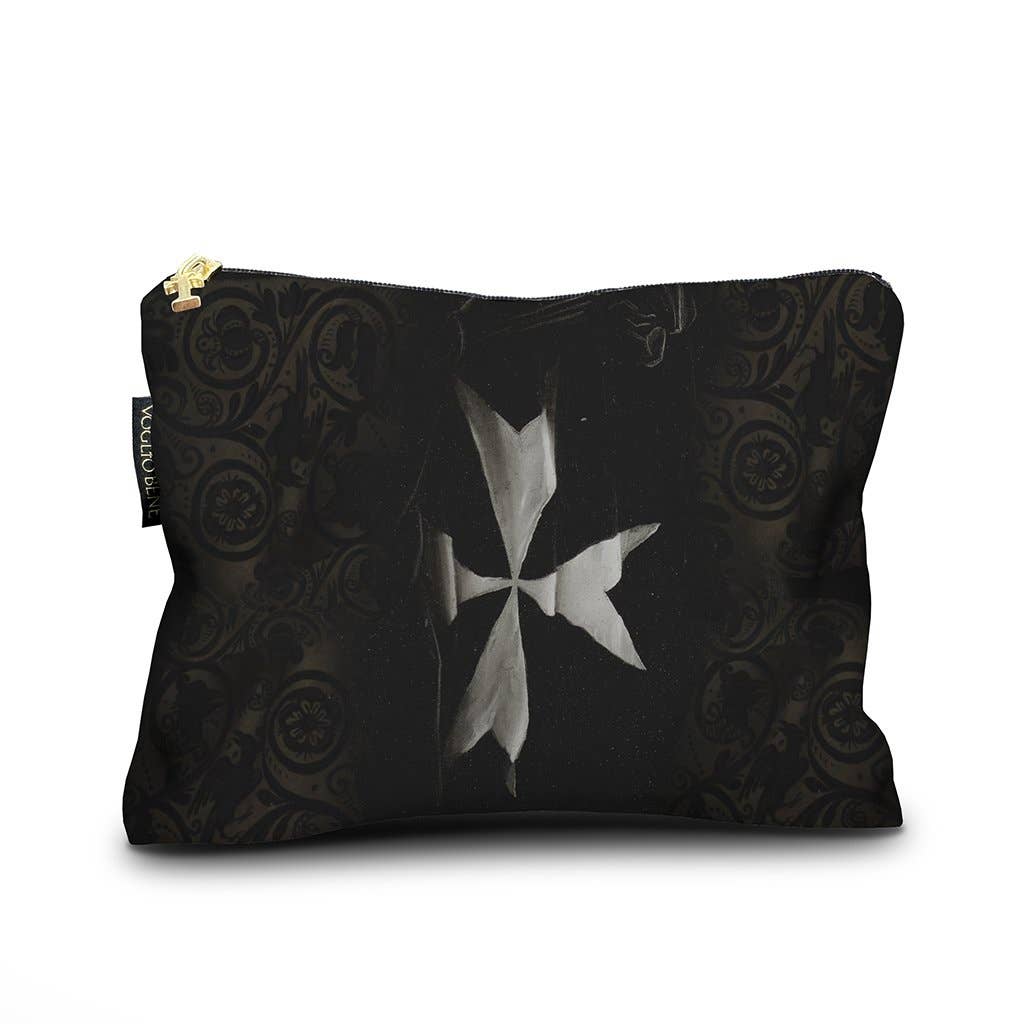 Black pouch with white emblem on a white background