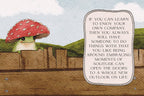 Frog with a mushroom hat on a wooden fence with a quote about enjoying solitude.