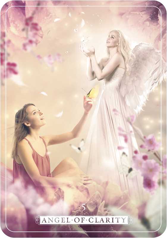 Woman receiving a card from an angel surrounded by flowers and soft lighting