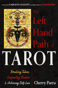 Book cover of 'The Left Hand Path of Tarot' with a tarot card design on a black background.