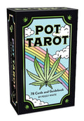 Box of 'Pot Tarot' cards with a cannabis leaf design on a white background
