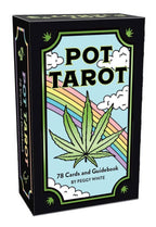 Box of 'Pot Tarot' cards with a cannabis leaf design on a white background