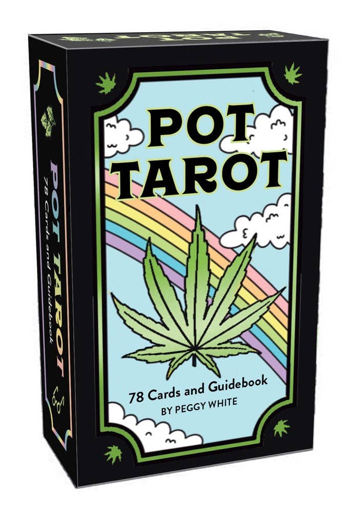 Box of 'Pot Tarot' cards with a cannabis leaf design on a white background