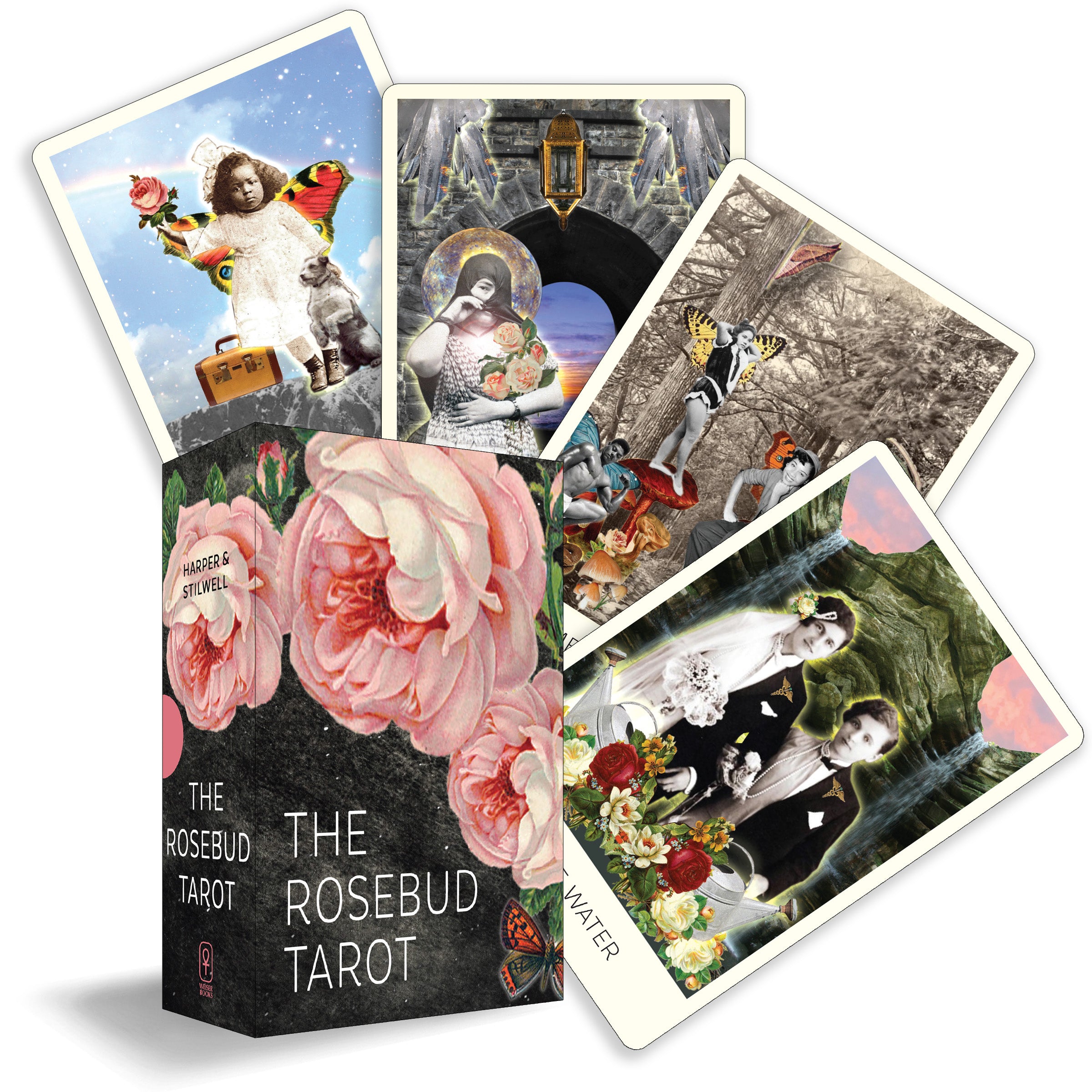 Rosebud Tarot cards with a box featuring floral design and tarot card illustrations.