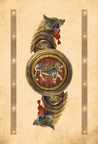 Decorative illustration of a helmet with a shield featuring a wolf emblem on a beige background.
