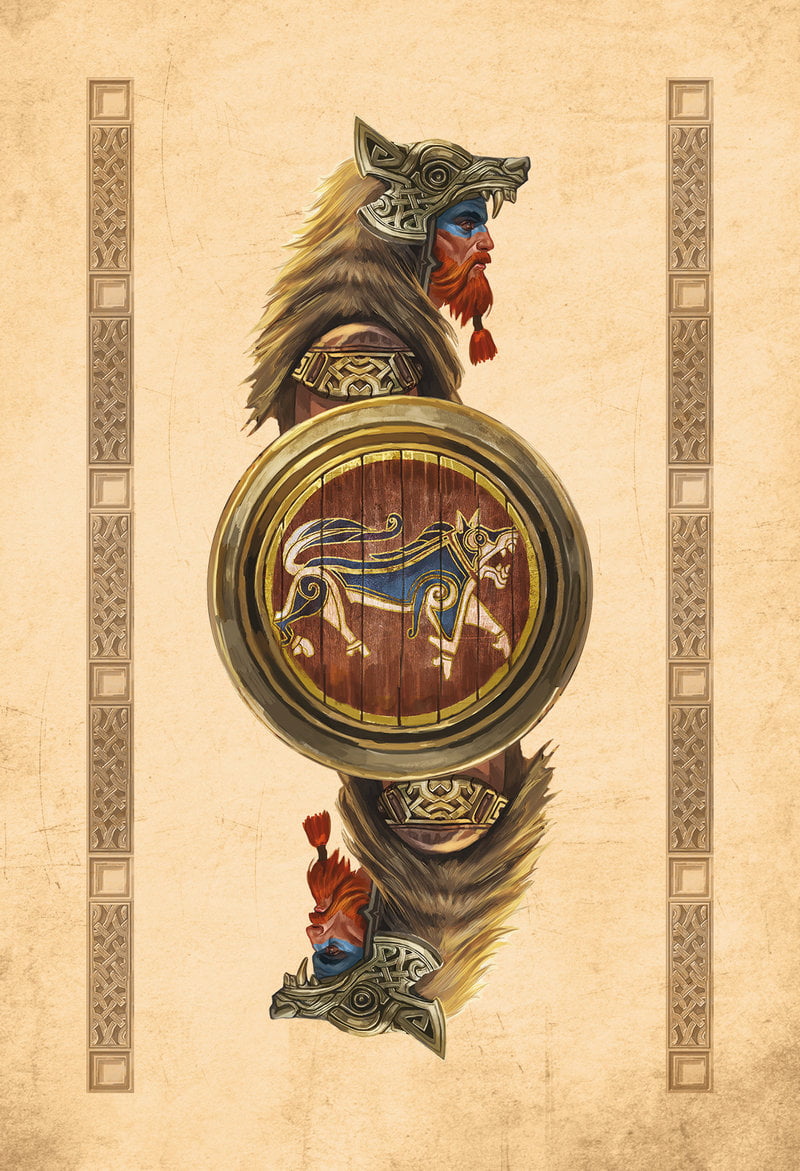 Decorative illustration of a helmet with a shield featuring a wolf emblem on a beige background.