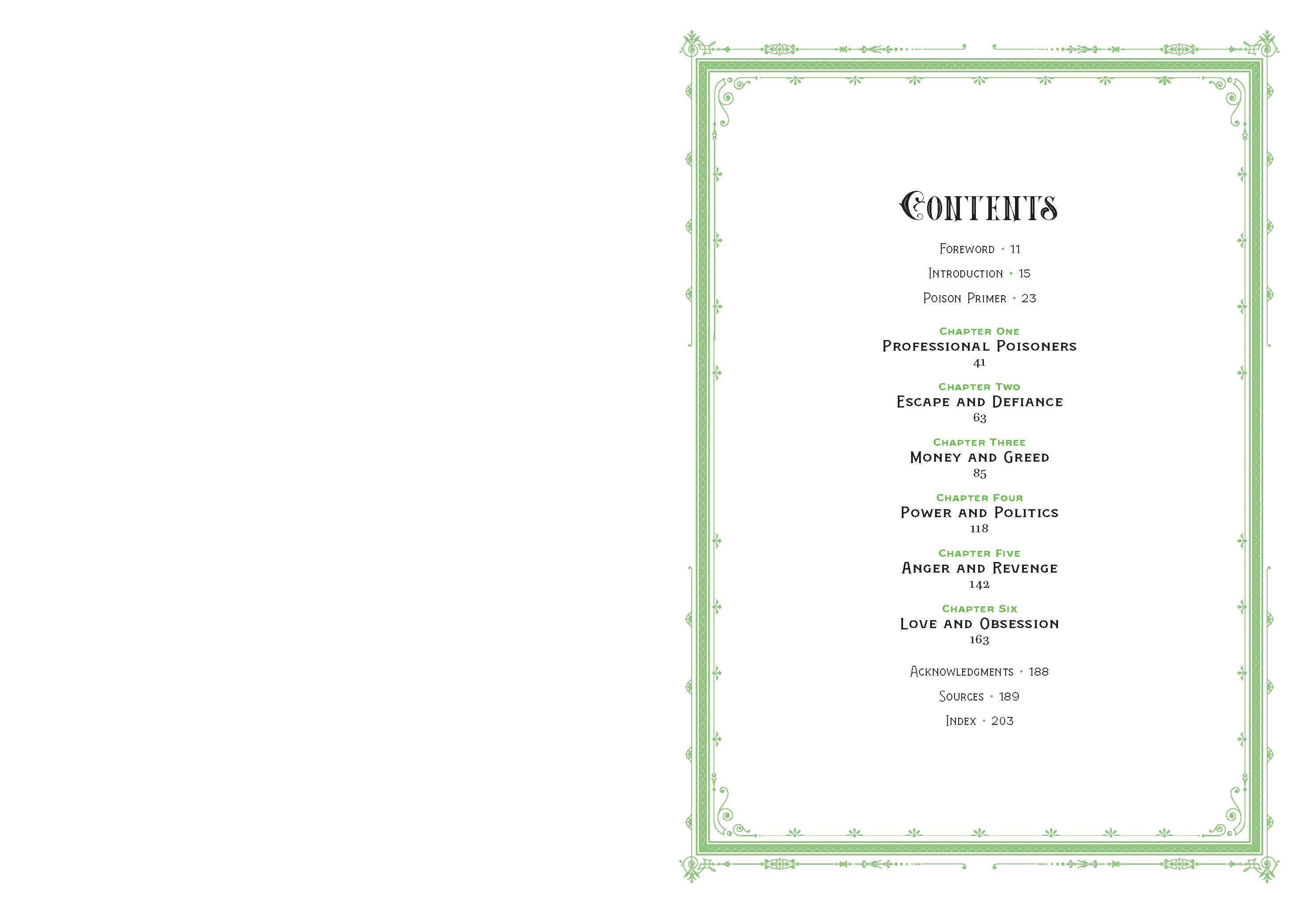 Book table of contents with green decorative border on white background