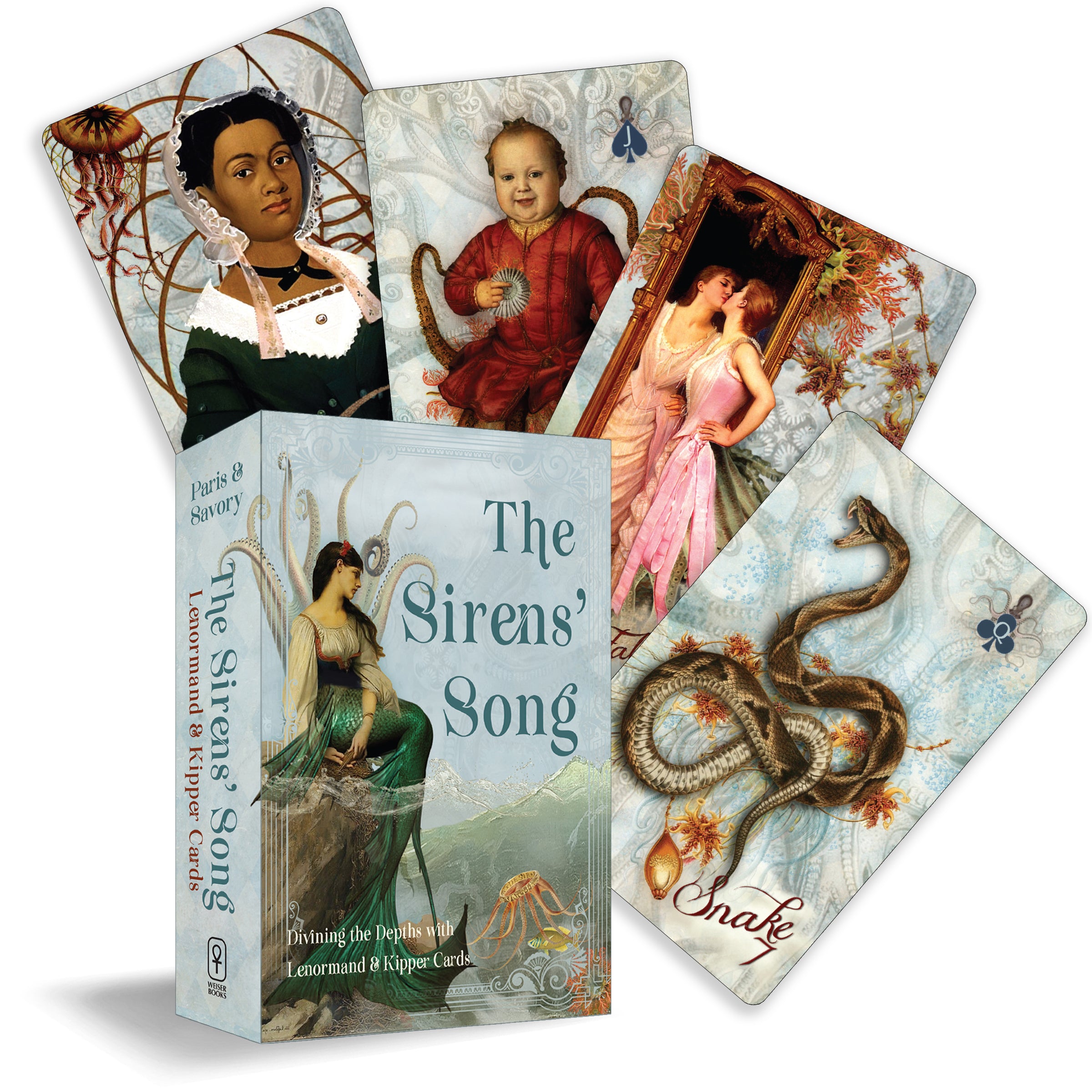 Collection of 'The Sirens' Song' tarot cards with a box and card designs.