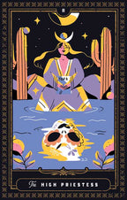 Tarot card featuring 'The High Priestess' with a stylized figure and cacti in the background.