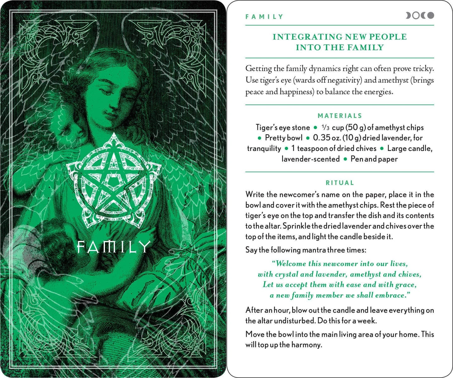 Green-themed card with text and symbols related to family integration rituals.