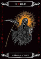 Gothic-style illustration of a skeleton with a scythe on a black background with decorative elements.
