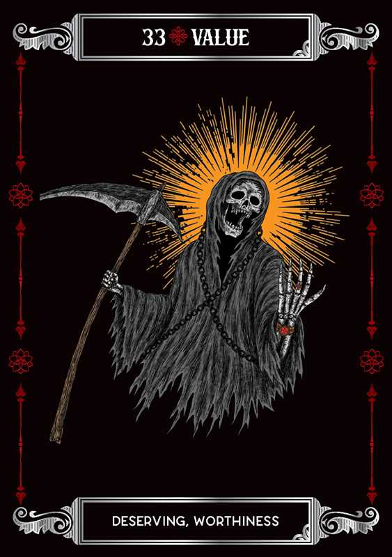 Gothic-style illustration of a skeleton with a scythe on a black background with decorative elements.