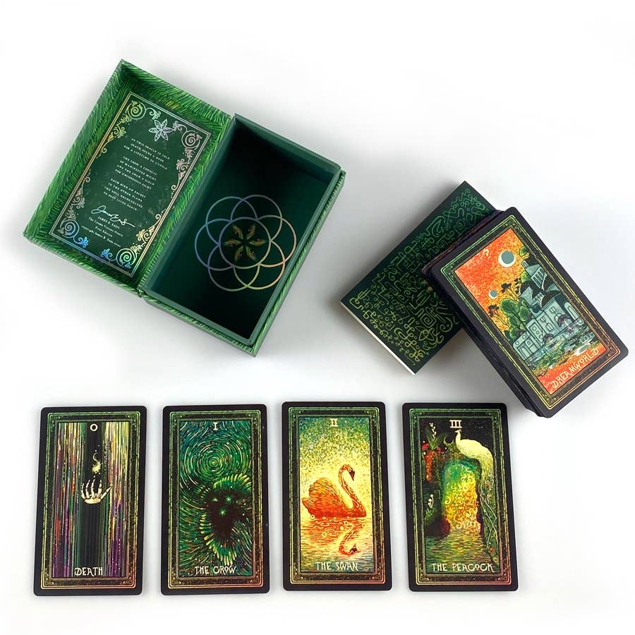 Set of tarot cards with decorative box on a white background