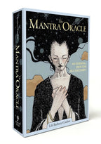 Mantra Oracle card deck packaging with illustration of a woman and text on a white background