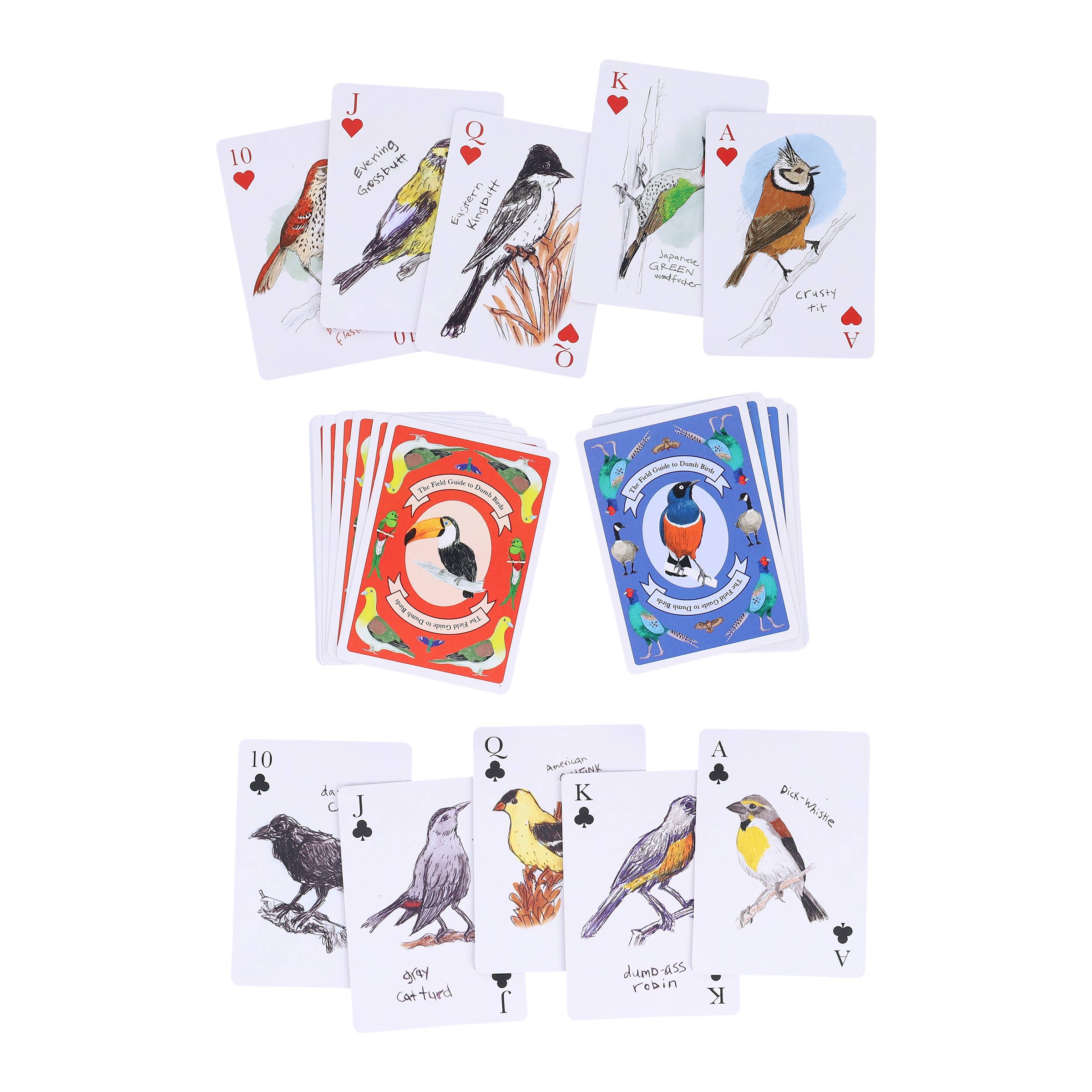 Set of playing cards with bird illustrations on a white background