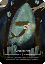 Mermaid card from a tarot deck with 'Aquamarine' title and description.