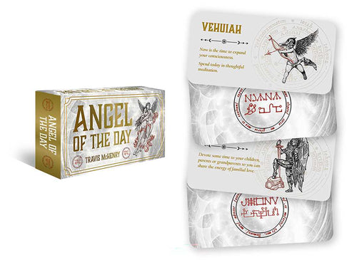 Packaging of 'Angel of the Day' cards with angel illustrations and text on a white background