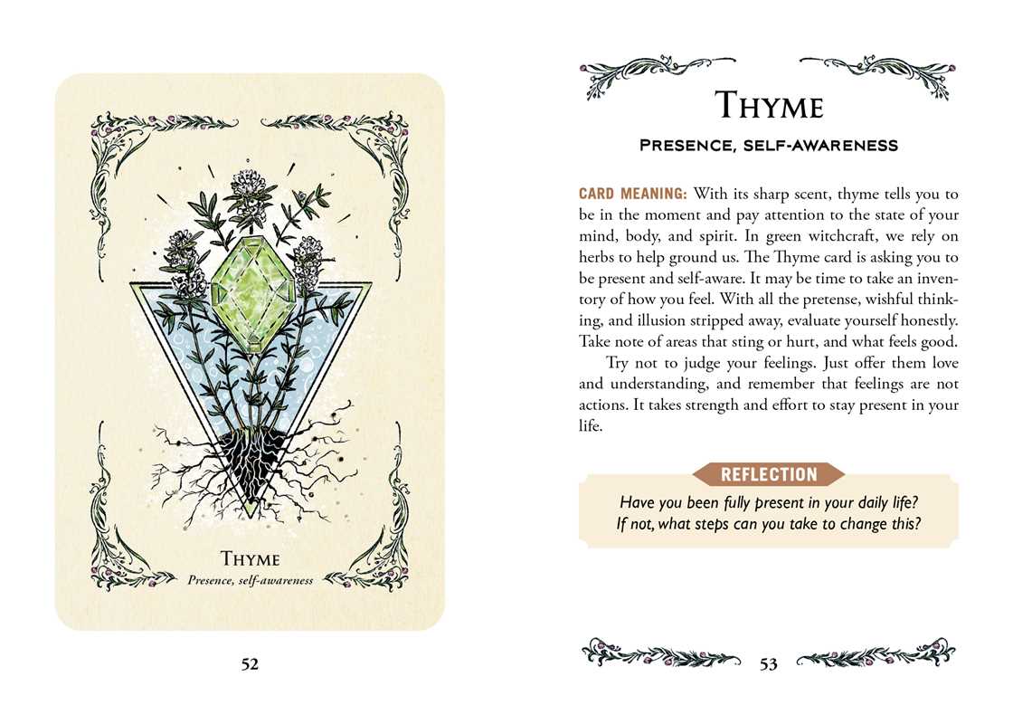 Card from a tarot or oracle deck featuring an illustration of thyme with text on self-awareness and presence.