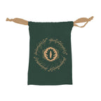 Green drawstring bag with Elvish script and a leaf symbol on a white background