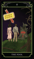 Tarot card titled 'The Fool' with two people and a skeleton under a neon sign.