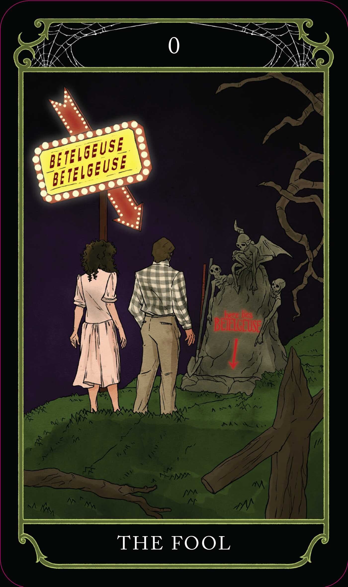 Tarot card titled 'The Fool' with two people and a skeleton under a neon sign.