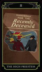 Cover of 'Handbook for the Recently Deceased' with two people looking at a map, styled like a tarot card.