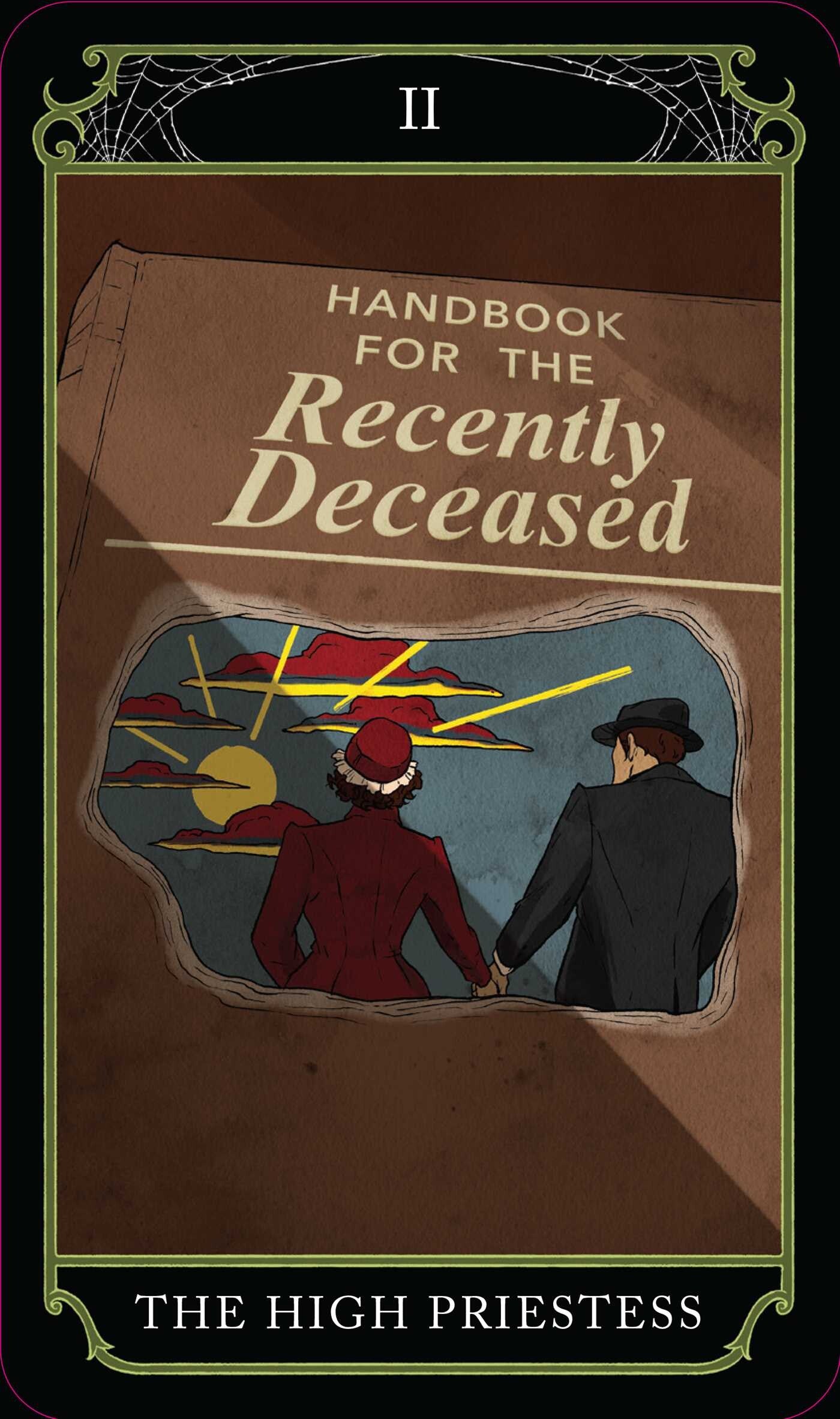 Cover of 'Handbook for the Recently Deceased' with two people looking at a map, styled like a tarot card.