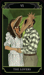 Illustration of two people with animal heads holding hands, labeled 'The Lovers' from a tarot card series.