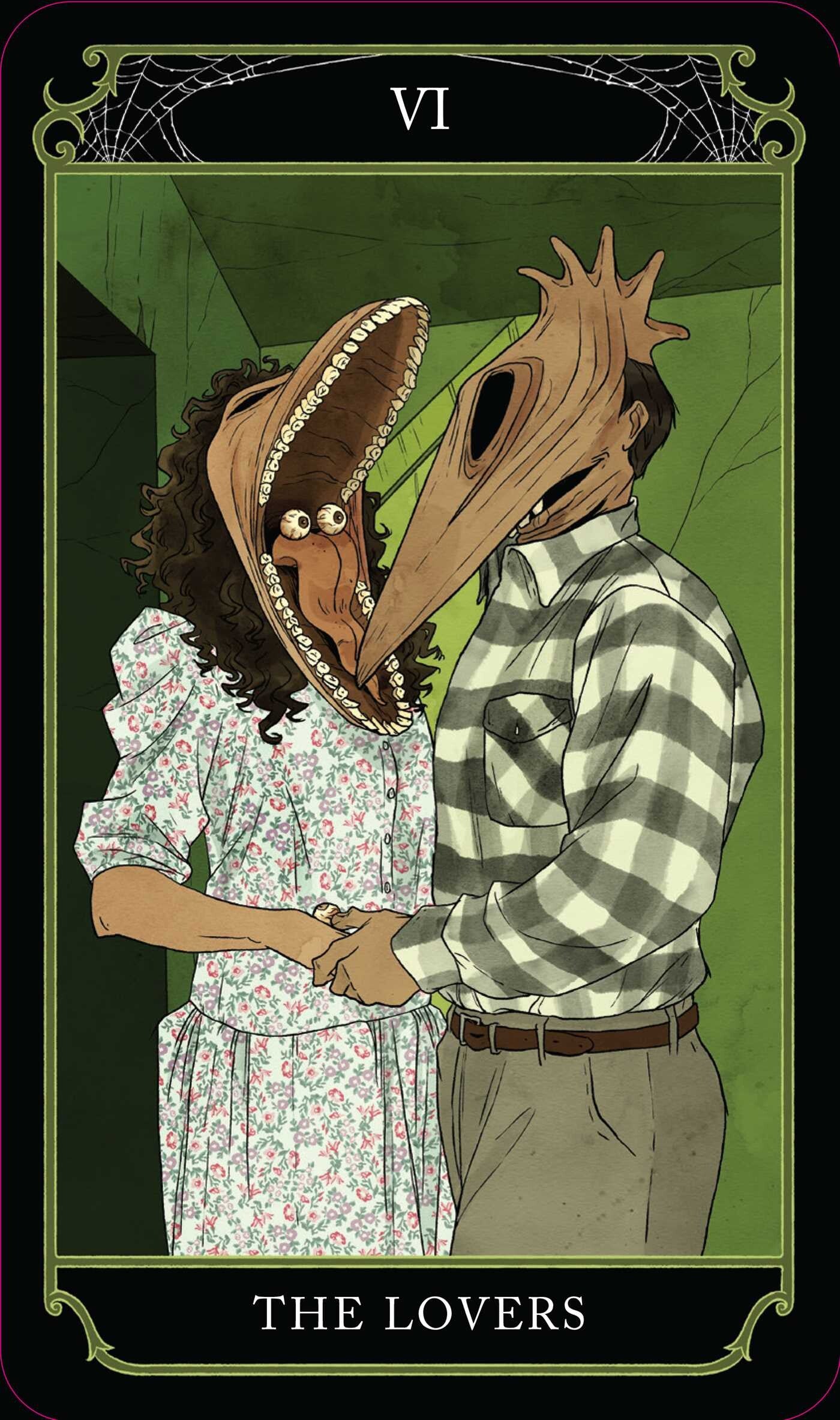 Illustration of two people with animal heads holding hands, labeled 'The Lovers' from a tarot card series.