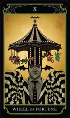 Tarot card featuring a carousel with animals and a person's head, labeled 'Wheel of Fortune'.