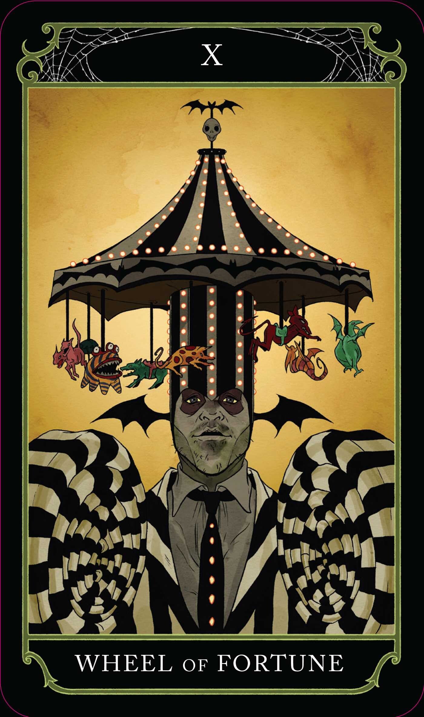 Tarot card featuring a carousel with animals and a person's head, labeled 'Wheel of Fortune'.