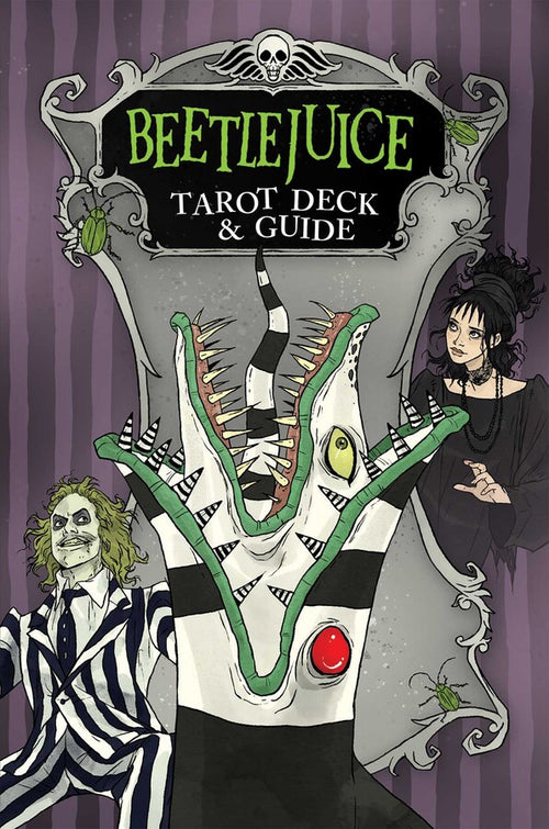 Cover of 'Beetlejuice Tarot Deck & Guide' with characters and tarot card design.