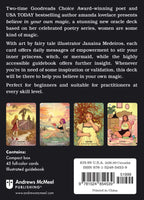 Back cover of a product packaging with text and illustrations of tarot cards.