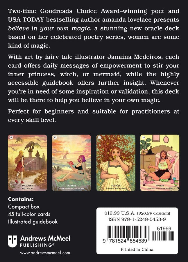 Back cover of a product packaging with text and illustrations of tarot cards.