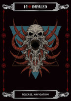 Skull with red horns on a black background with decorative elements and text.