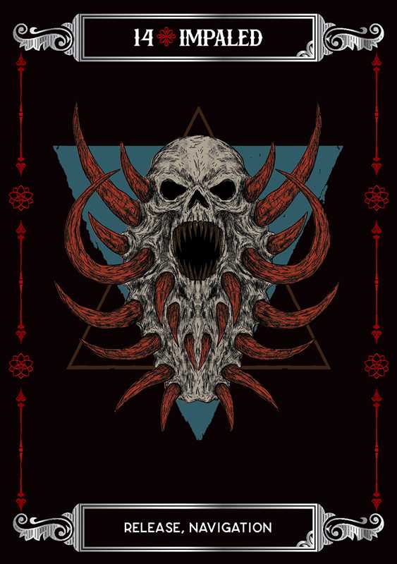 Skull with red horns on a black background with decorative elements and text.