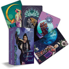 Tarot cards with colorful designs and a book titled 'Tarot of the Cosmic Seed' on a white background.