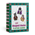 Playing card set packaging with cat illustrations and colorful border